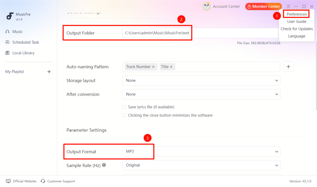 musicfre-mp3-output-settings-for-youtube-music